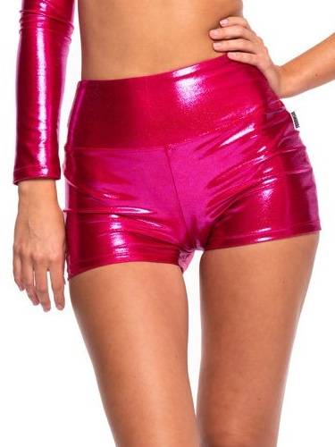 Metallic shimmering fuchsia short shorts for girls' performances.