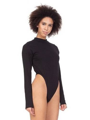 Women's high-cut black bodysuit.