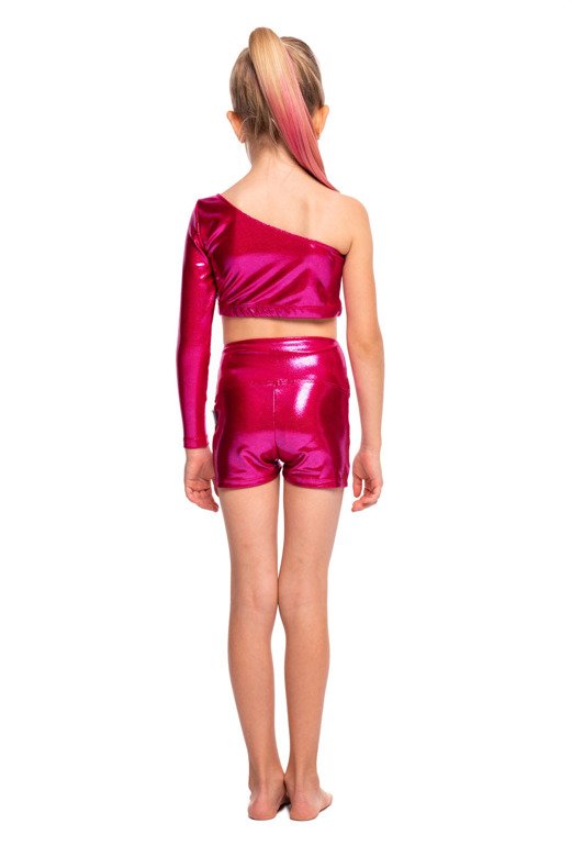 Asymmetrical Metallic Shimmer Top for Girls with Long Sleeves and Slanted Neckline in Fuchsia - Sports Wear for Women and Kids.