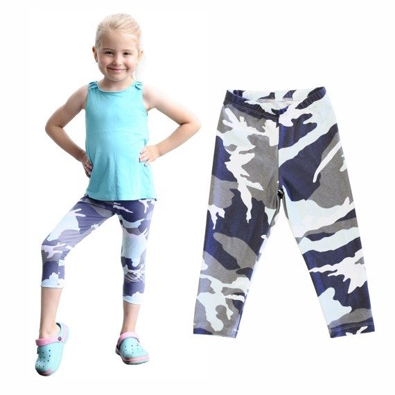 Children's 3/4 leggings/tights in grey-teal camouflage pattern.