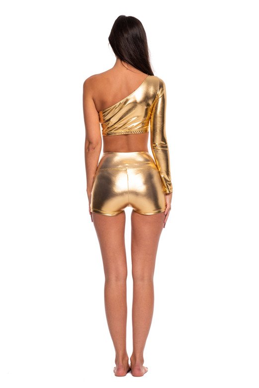 Metallic shimmering asymmetrical long-sleeved top with slanted neckline for little girls' sports performance in gold.