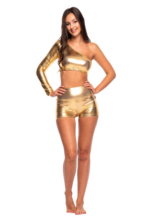 Metallic shimmering asymmetrical long-sleeved top with slanted neckline for little girls' sports performance in gold.