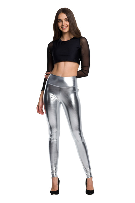 Women's Metallic Shiny Leggings with High Waist and Long Silver Legs