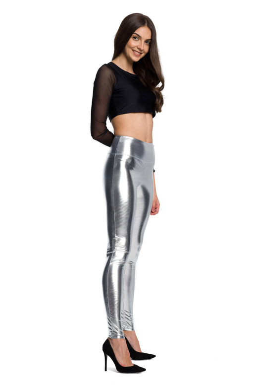 Women's Metallic Shiny Leggings with High Waist and Long Silver Legs