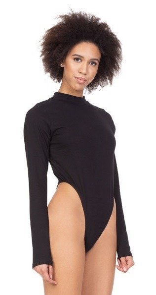 Women's high-cut black bodysuit.