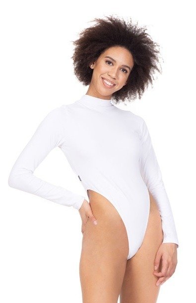 Women's high-cut white bodysuit.