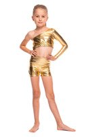 Metallic shimmering asymmetrical long-sleeved top with slanted neckline for little girls' sports performance in gold.