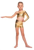 Metallic shimmering asymmetrical long-sleeved top with slanted neckline for little girls' sports performance in gold.