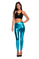 Turquoise High-Waisted Women's Metallic Shiny Leggings with Long Legs for Performance